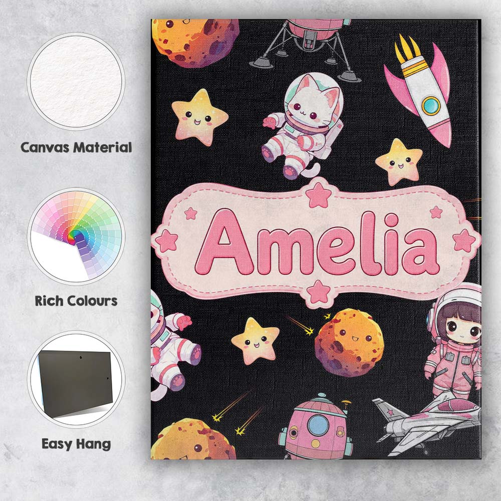 Personalised Name Space Cat Astronaut Girl Custom Unique Gift Idea Elegant Feature Canvas Wall Art Print Decor Picture Ready to Hang