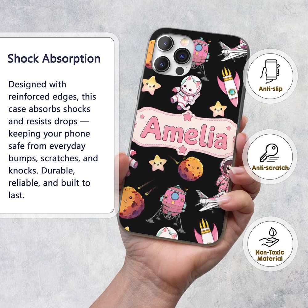 Space Cat Astronaut Girl Rockets Stars Seamless Custom Name Protective Phone Case Mobile Cover Durable Everyday Smartphone Shock Resistant