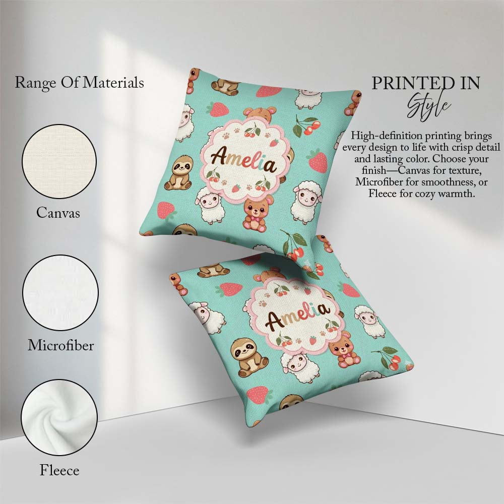 Custom Name Cute Bear Sloth Lamb Cherry Seamless Pattern on Mint Square Filled Cushion Throw Pillow Sofa Bed Home Decor Zip Washable UK Made