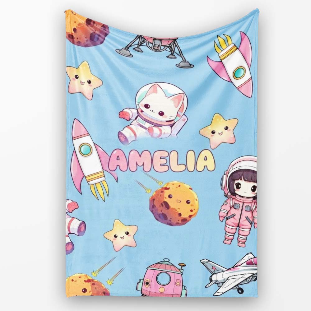 Space Cat Astronaut Girl Rockets Stars Seamless Blue Background Personalised Custom Name Super Soft Fleece Blanket Bed Sofa Throw