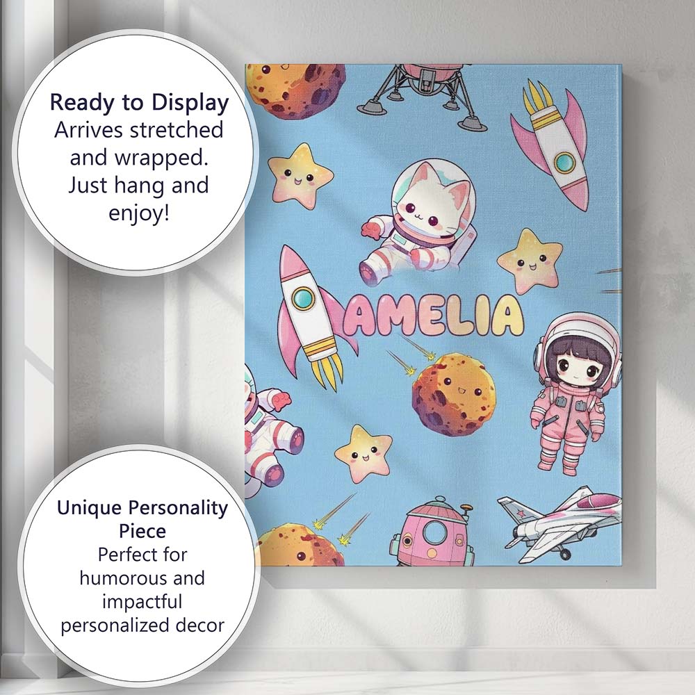 Personalised Name Space Cat Astronaut Girl Custom Unique Gift Idea Elegant Feature Canvas Wall Art Print Decor Picture Ready to Hang