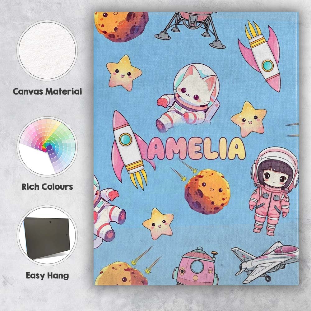 Personalised Name Space Cat Astronaut Girl Custom Unique Gift Idea Elegant Feature Canvas Wall Art Print Decor Picture Ready to Hang
