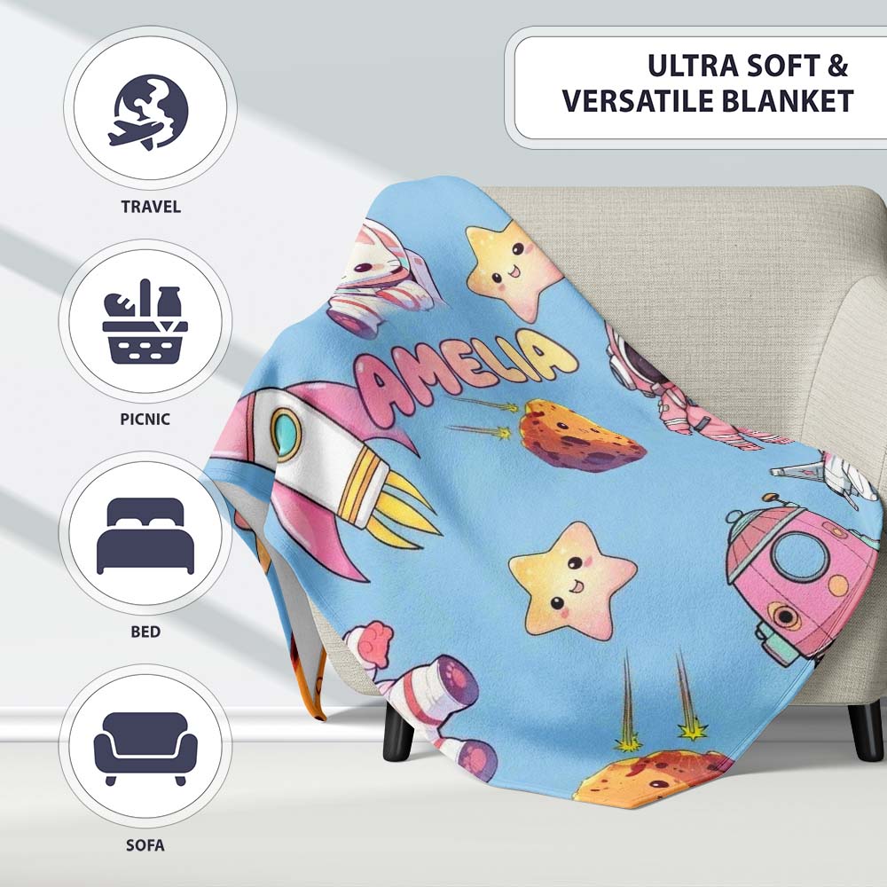 Space Cat Astronaut Girl Rockets Stars Seamless Blue Background Personalised Custom Name Super Soft Fleece Blanket Bed Sofa Throw