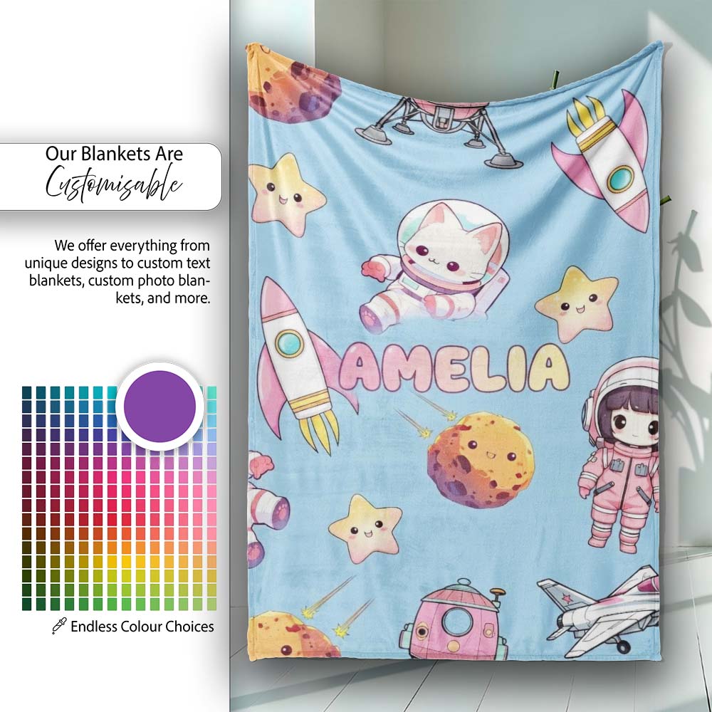 Space Cat Astronaut Girl Rockets Stars Seamless Blue Background Personalised Custom Name Super Soft Fleece Blanket Bed Sofa Throw