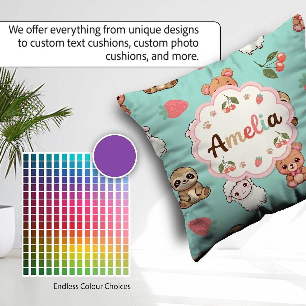 Custom Name Cute Bear Sloth Lamb Cherry Seamless Pattern on Mint Square Filled Cushion Throw Pillow Sofa Bed Home Decor Zip Washable UK Made