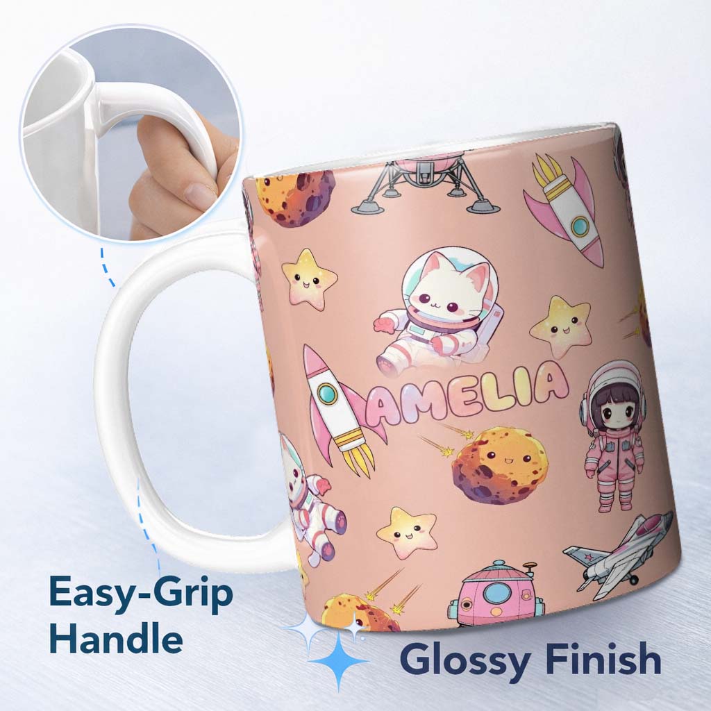 Personalized Custom Name Space Cat Astronaut Girl Rockets Stars Seamless Peach Background 11oz Ceramic Coffee Tea Mug White Large Handle