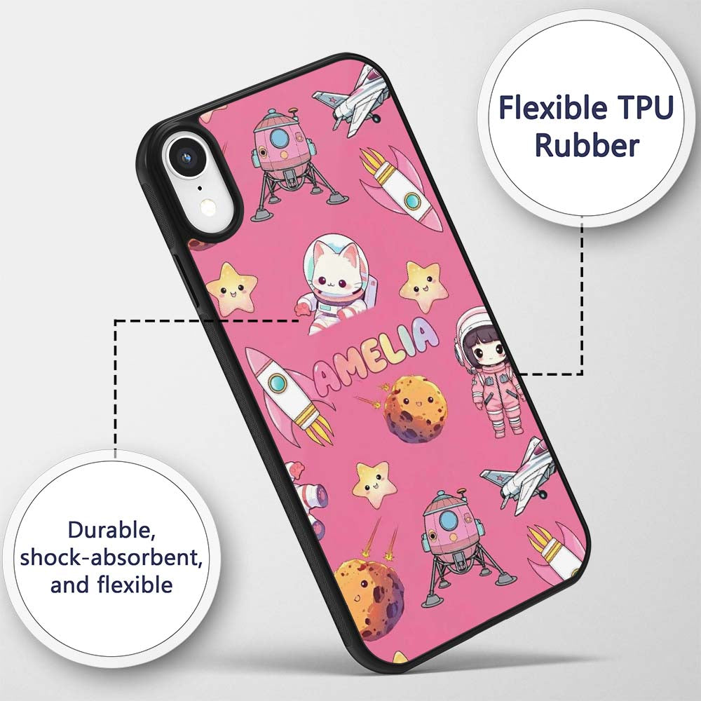 Space Cat Astronaut Girl Rockets Stars Seamless Custom Name Protective Phone Case Mobile Cover Durable Everyday Smartphone Shock Resistant