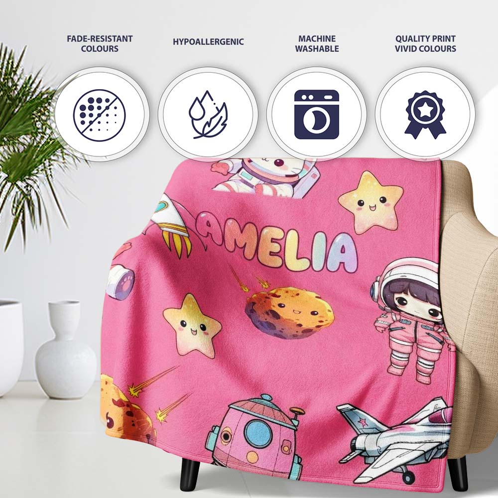 Space Cat Astronaut Girl Rockets Stars Seamless Pink Background Personalised Custom Name Super Soft Fleece Blanket Bed Sofa Throw