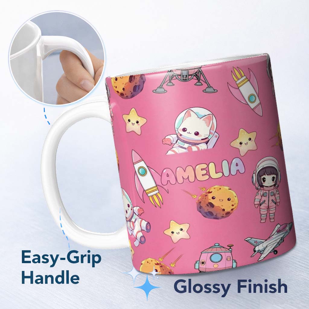 Personalized Custom Name Space Cat Astronaut Girl Rockets Stars Seamless Pink Background 11oz Ceramic Coffee Tea Mug White Large Handle