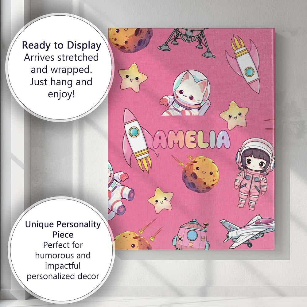 Personalised Name Space Cat Astronaut Girl Custom Unique Gift Idea Elegant Feature Canvas Wall Art Print Decor Picture Ready to Hang