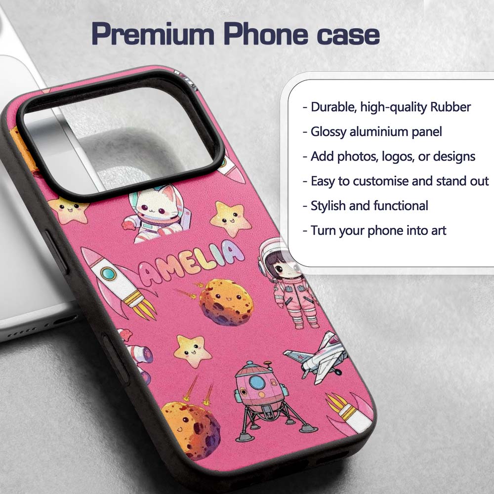 Space Cat Astronaut Girl Rockets Stars Seamless Custom Name Protective Phone Case Mobile Cover Durable Everyday Smartphone Shock Resistant