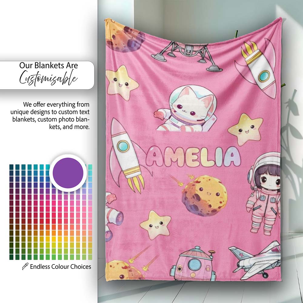 Space Cat Astronaut Girl Rockets Stars Seamless Pink Background Personalised Custom Name Super Soft Fleece Blanket Bed Sofa Throw
