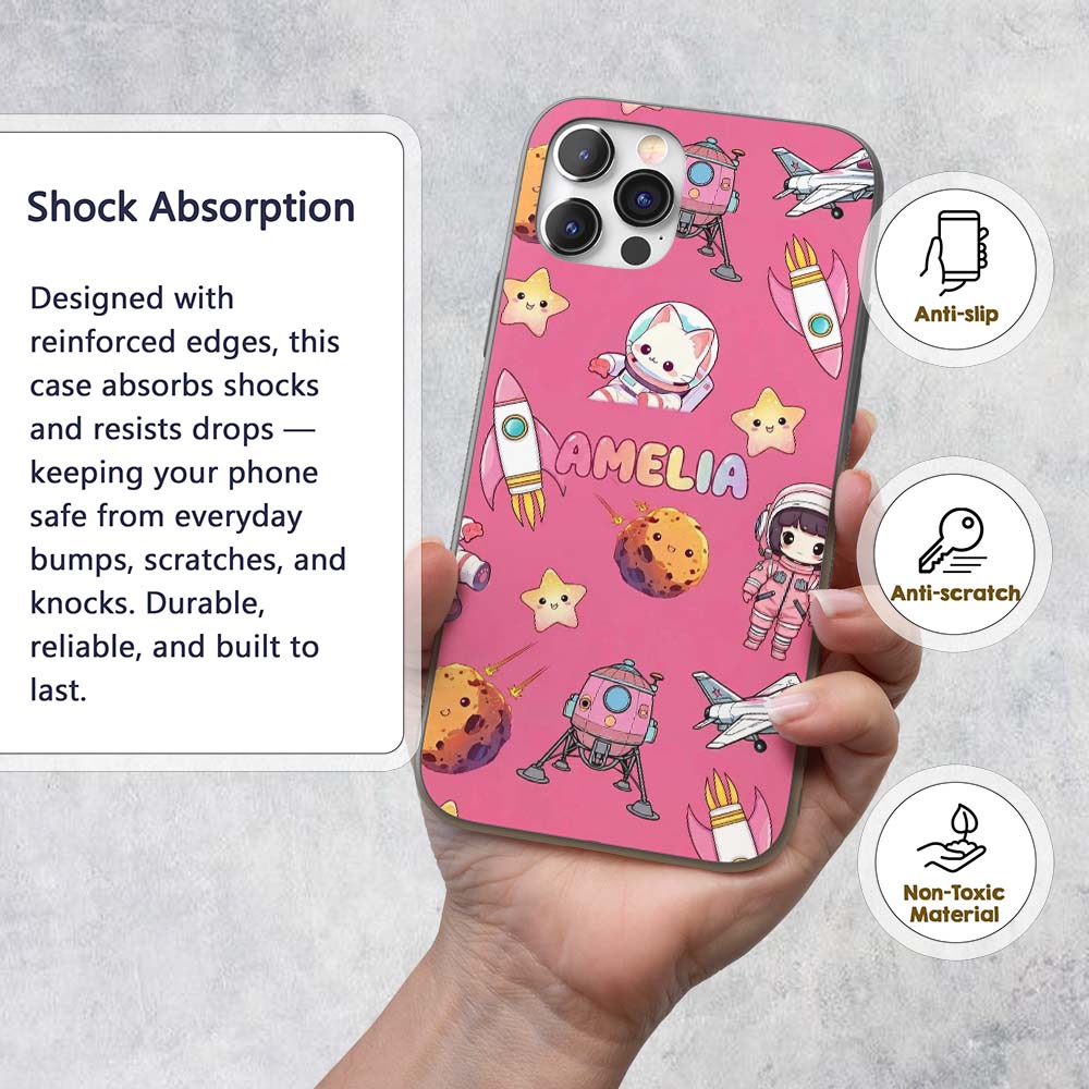 Space Cat Astronaut Girl Rockets Stars Seamless Custom Name Protective Phone Case Mobile Cover Durable Everyday Smartphone Shock Resistant