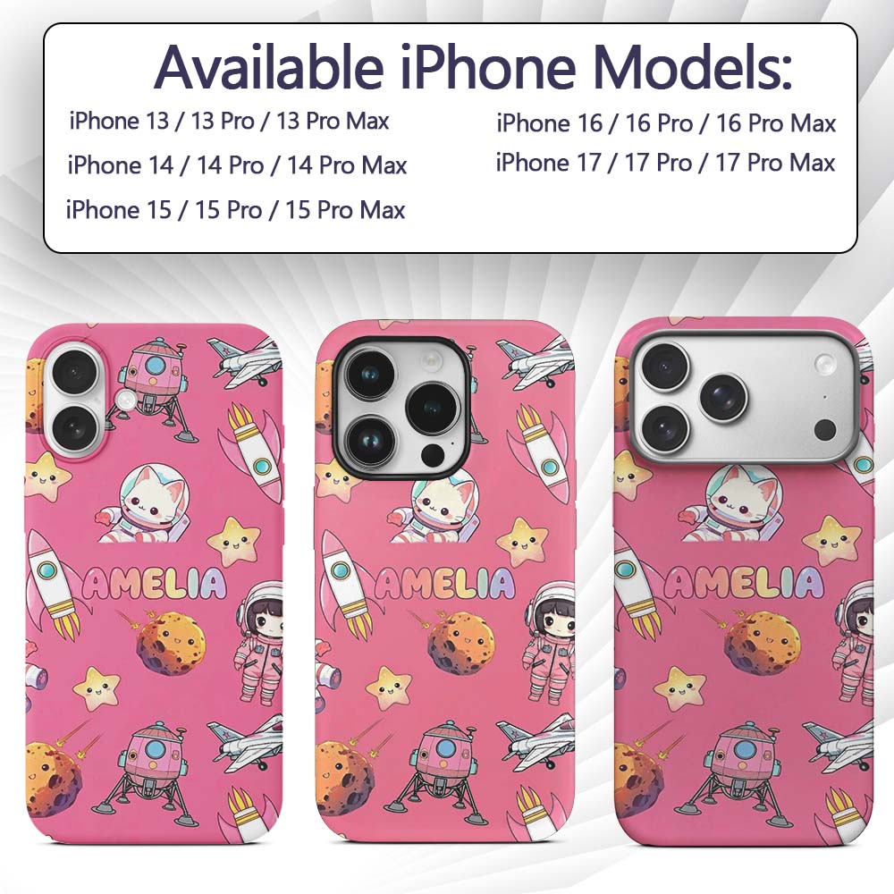 Space Cat Astronaut Girl Rockets Stars Seamless Custom Name Protective Phone Case Mobile Cover Durable Everyday Smartphone Shock Resistant