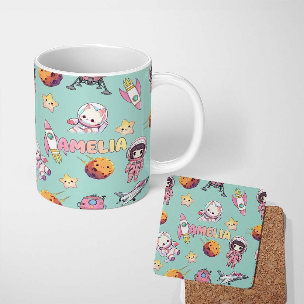 Personalized Custom Name Space Cat Astronaut Girl Rockets Stars Seamless Mint Background 11oz Ceramic Coffee Tea Mug White Large Handle