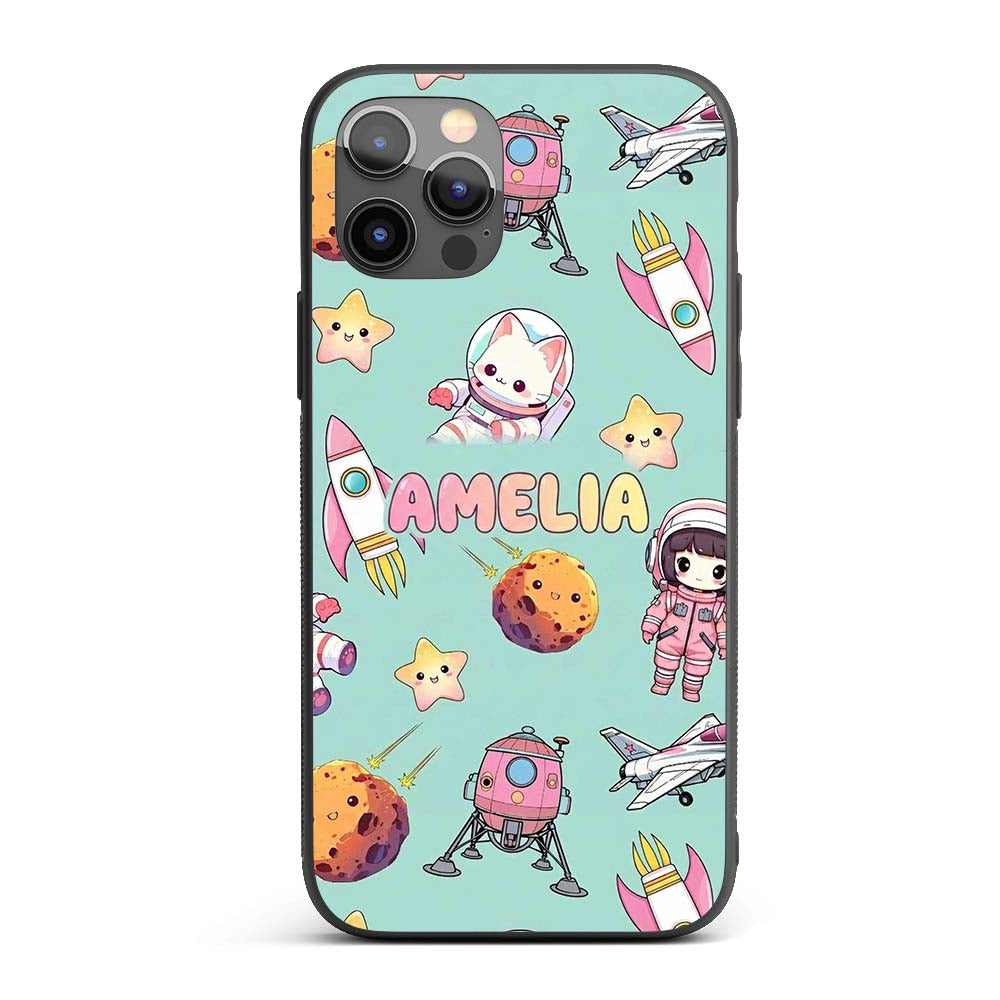 Space Cat Astronaut Girl Rockets Stars Seamless Custom Name Protective Phone Case Mobile Cover Durable Everyday Smartphone Shock Resistant