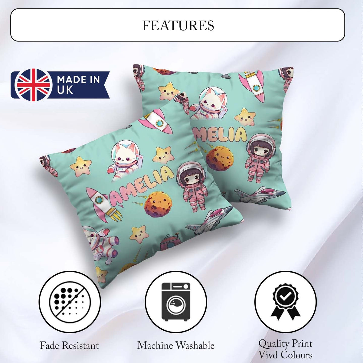 Custom Name Space Cat Astronaut Girl Rockets Stars Seamless Mint Square Filled Cushion Throw Pillow Sofa Bed Home Decor Zip Washable UK Made