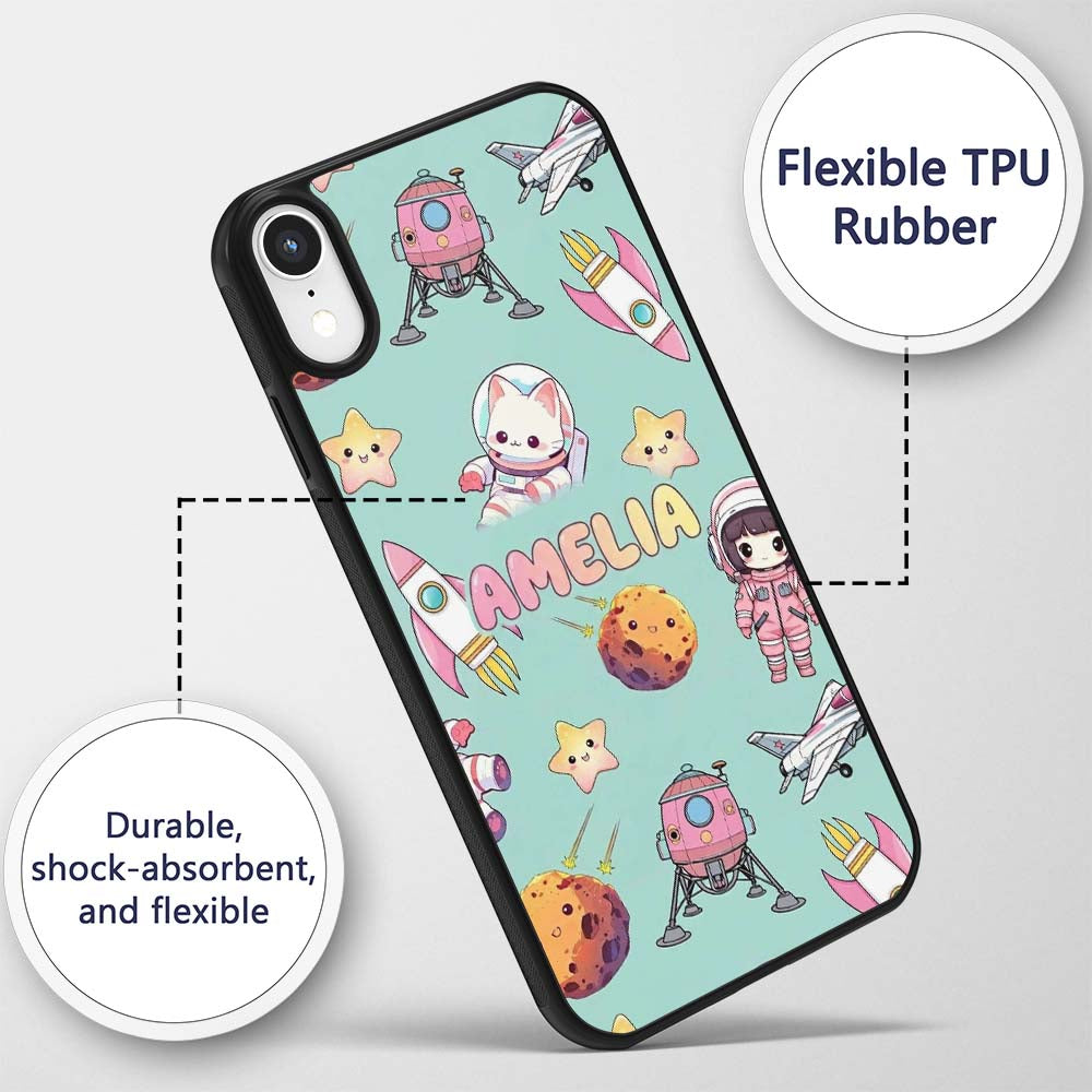 Space Cat Astronaut Girl Rockets Stars Seamless Custom Name Protective Phone Case Mobile Cover Durable Everyday Smartphone Shock Resistant