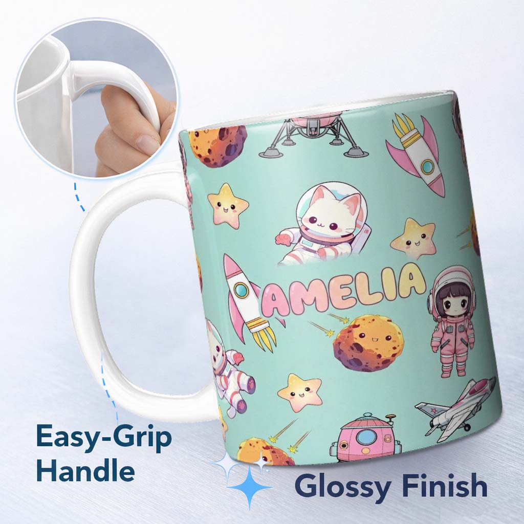 Personalized Custom Name Space Cat Astronaut Girl Rockets Stars Seamless Mint Background 11oz Ceramic Coffee Tea Mug White Large Handle