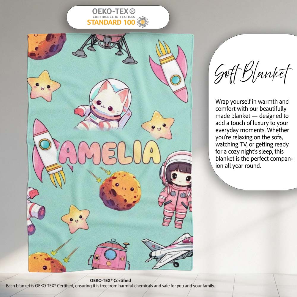 Space Cat Astronaut Girl Rockets Stars Seamless Mint Background Personalised Custom Name Super Soft Fleece Blanket Bed Sofa Throw