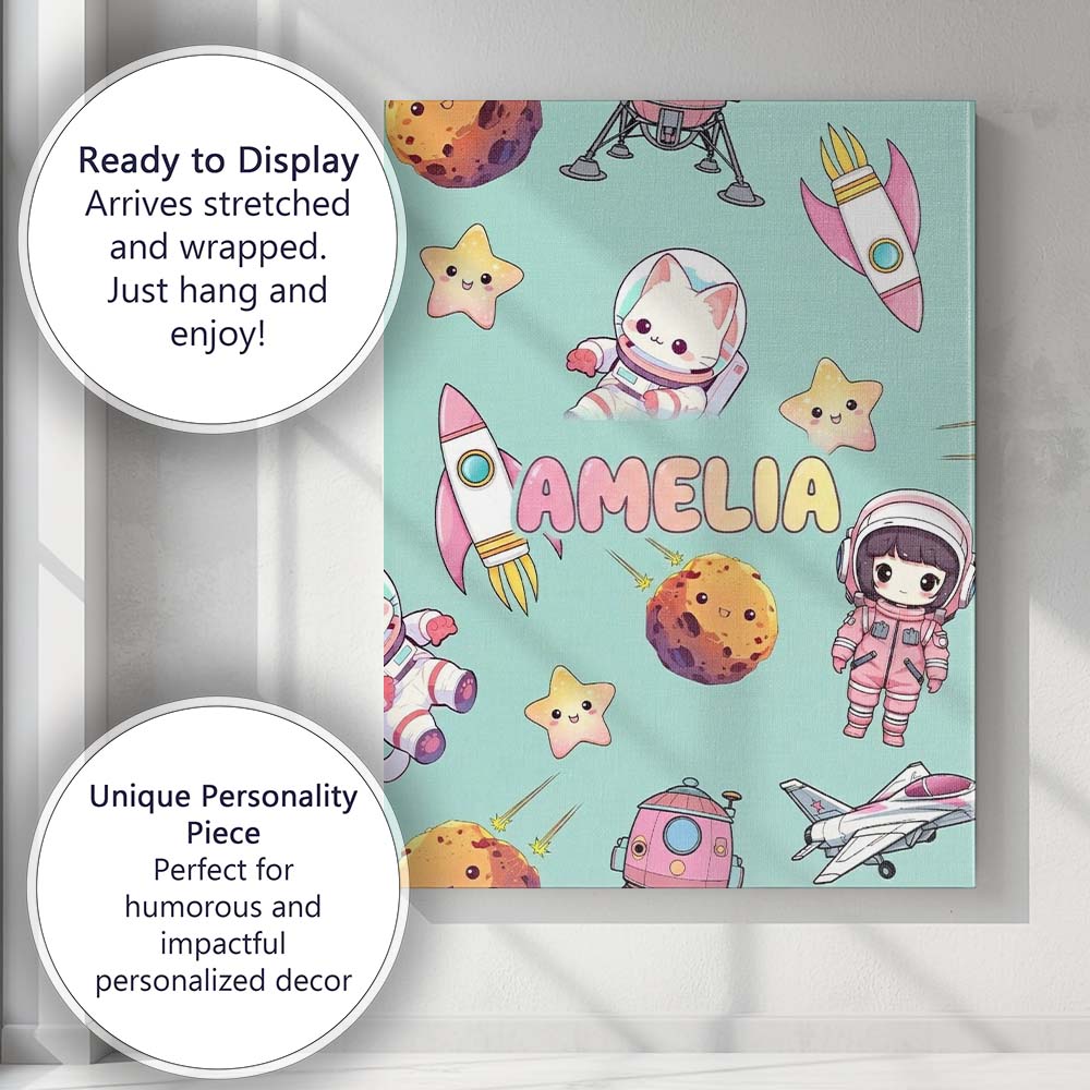 Personalised Name Space Cat Astronaut Girl Custom Unique Gift Idea Elegant Feature Canvas Wall Art Print Decor Picture Ready to Hang