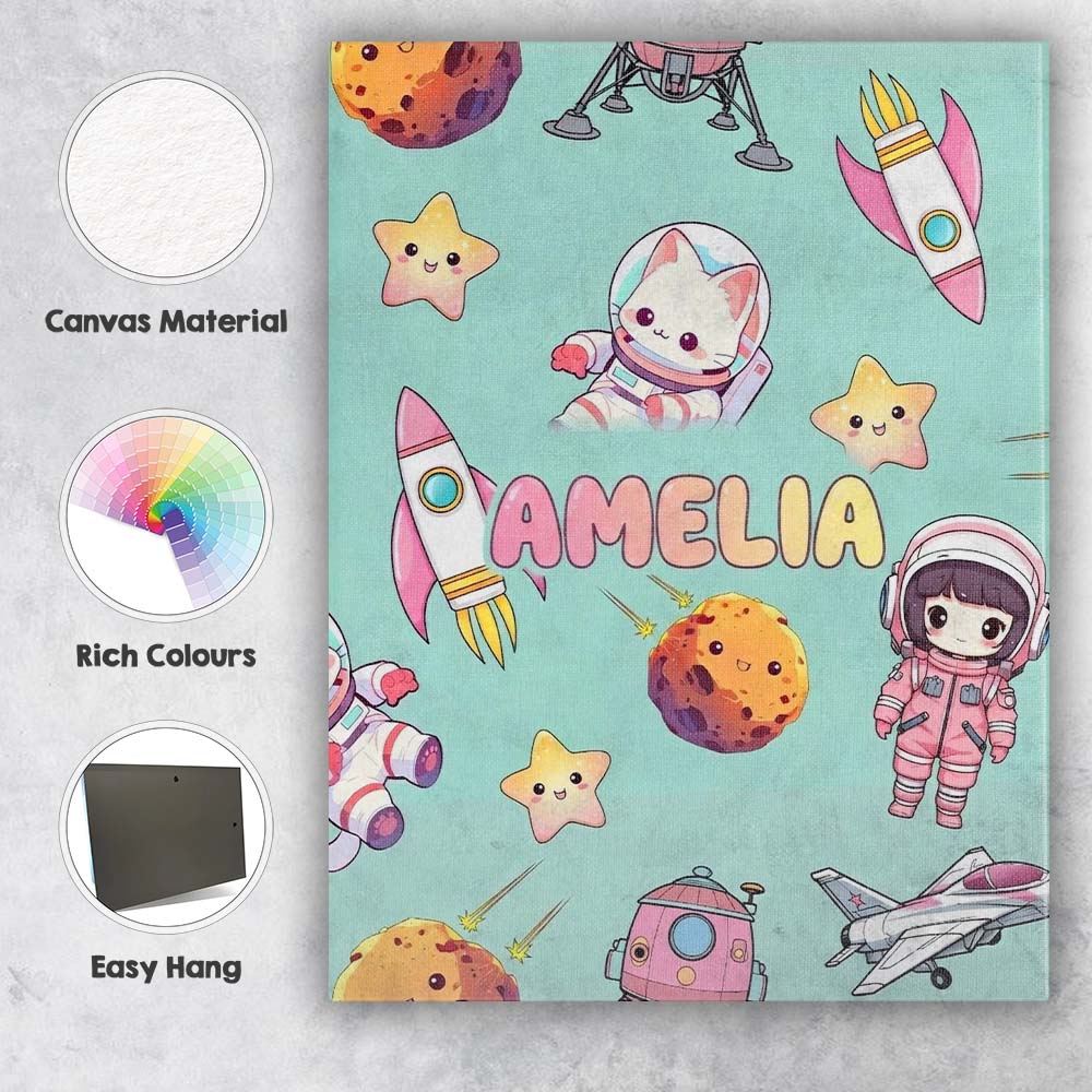 Personalised Name Space Cat Astronaut Girl Custom Unique Gift Idea Elegant Feature Canvas Wall Art Print Decor Picture Ready to Hang