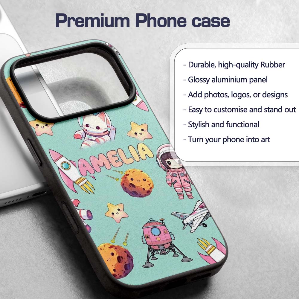 Space Cat Astronaut Girl Rockets Stars Seamless Custom Name Protective Phone Case Mobile Cover Durable Everyday Smartphone Shock Resistant