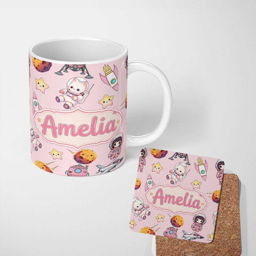 Personalized Custom Name Space Cat Astronaut Girl Rockets Stars Seamless Dusty Pink 11oz Ceramic Coffee Tea Mug White Large Handle