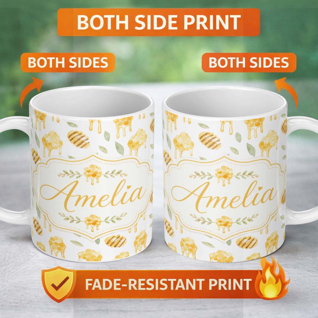 Personalized Custom Name Golden Honey Drip and Honeycomb Sweet Seamless Pattern Lovely 11oz Ceramic Coffee Tea Mug White Large Handle