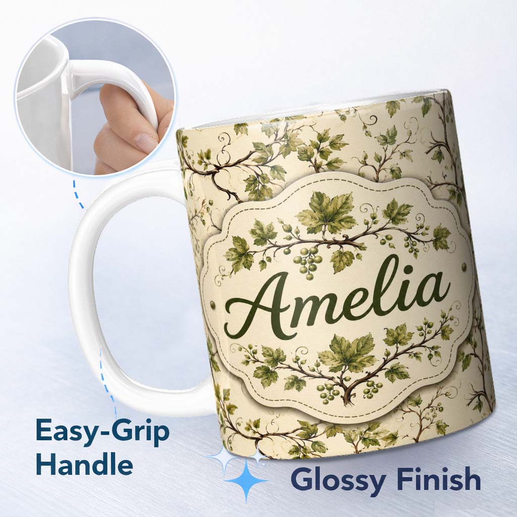 Personalized Custom Name Natural Woodland Vine Leaves Seamless Pattern Charming Kitchen Decor 11oz Ceramic Coffee Tea Mug White Large Handle