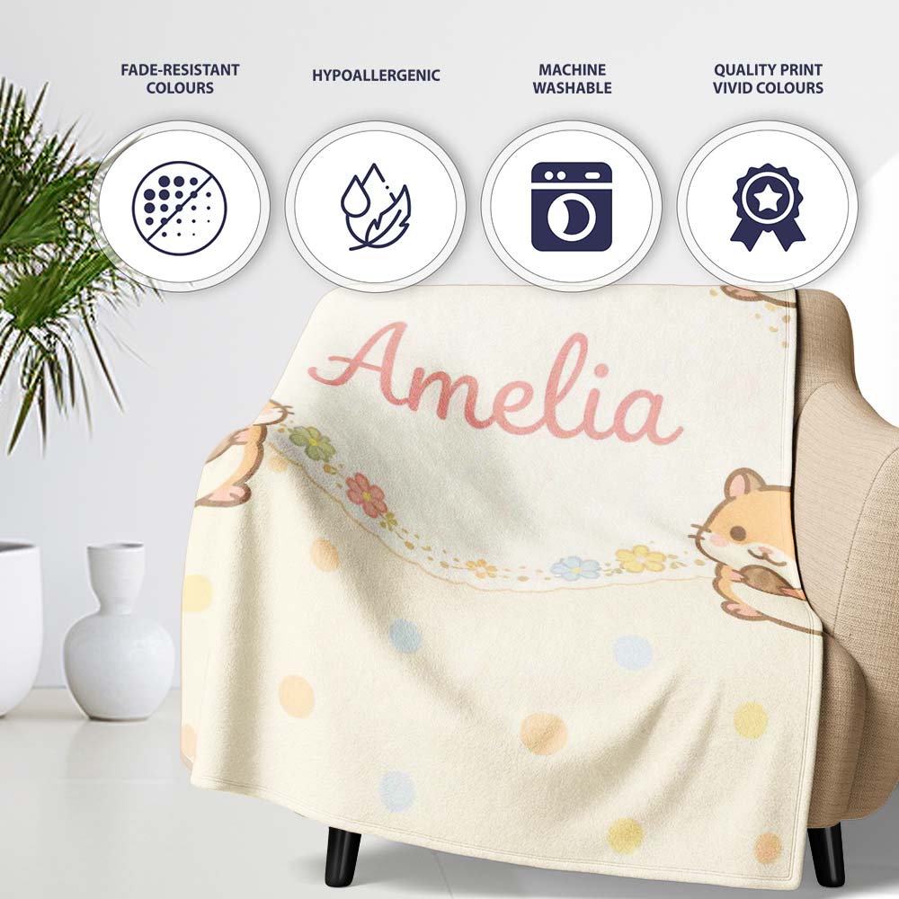 Cute Hamster Cartoon Animal Pattern Perfect Gift for Her Lovely Personalised Custom Name Super Soft Fleece Blanket Bed Sofa Throw
