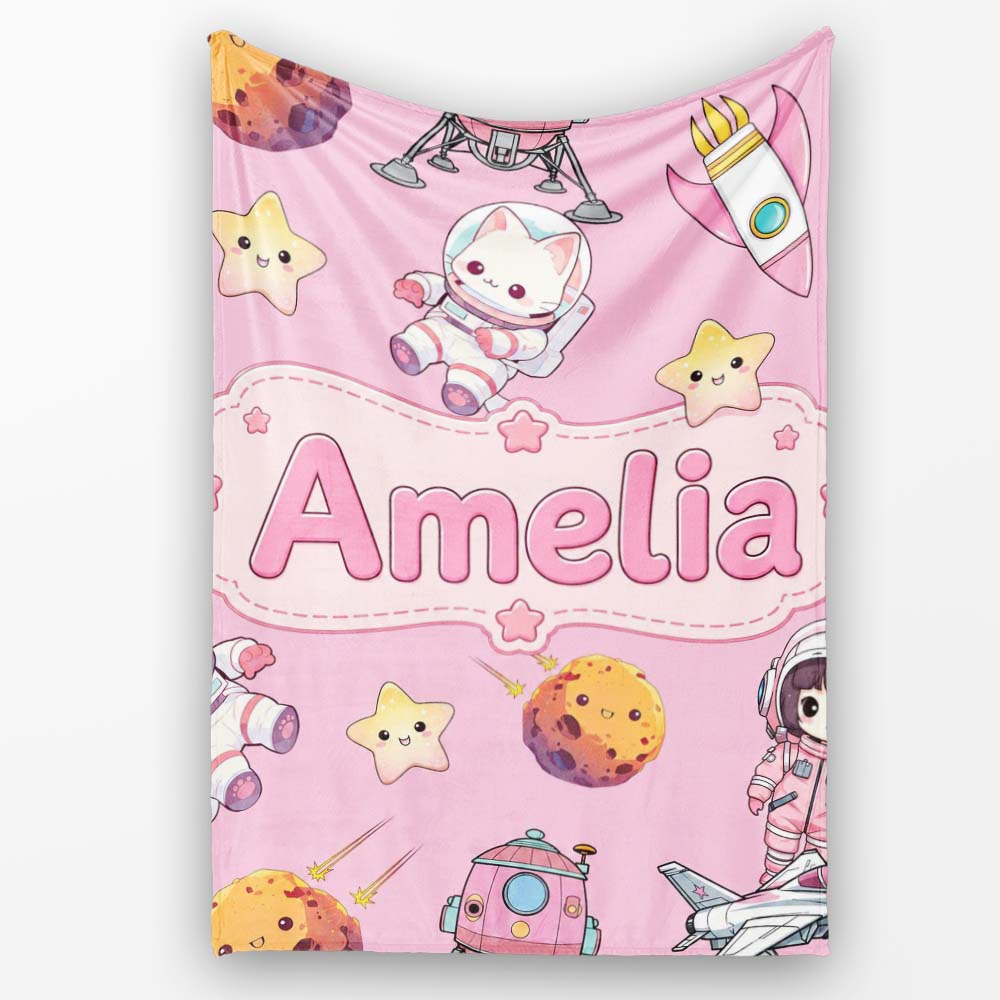 Space Cat Astronaut Girl Rockets Stars Seamless Pink Background Personalised Custom Name Super Soft Fleece Blanket Bed Sofa Throw