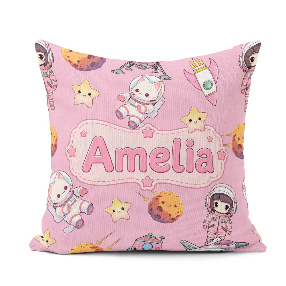 Custom Name Space Cat Astronaut Girl Rockets Stars Seamless Pink Square Filled Cushion Throw Pillow Sofa Bed Home Decor Zip Washable UK Made