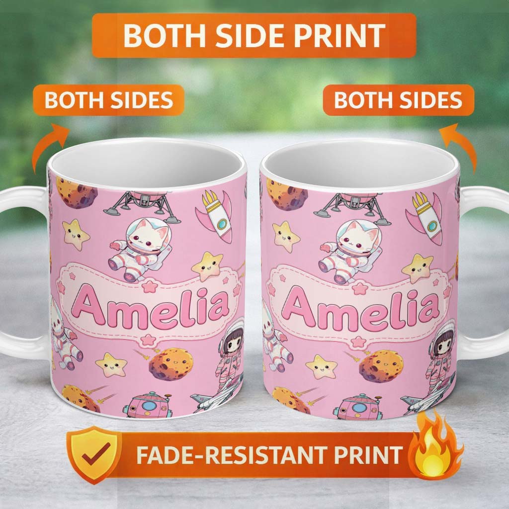 Personalized Custom Name Space Cat Astronaut Girl Rockets Stars Seamless Pink Background 11oz Ceramic Coffee Tea Mug White Large Handle
