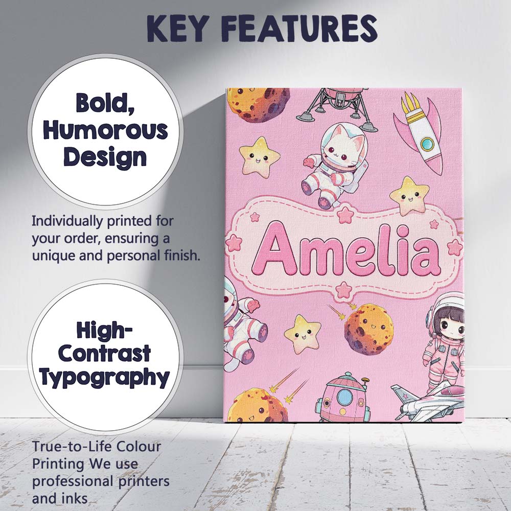 Personalised Name Space Cat Astronaut Girl Custom Unique Gift Idea Elegant Feature Canvas Wall Art Print Decor Picture Ready to Hang