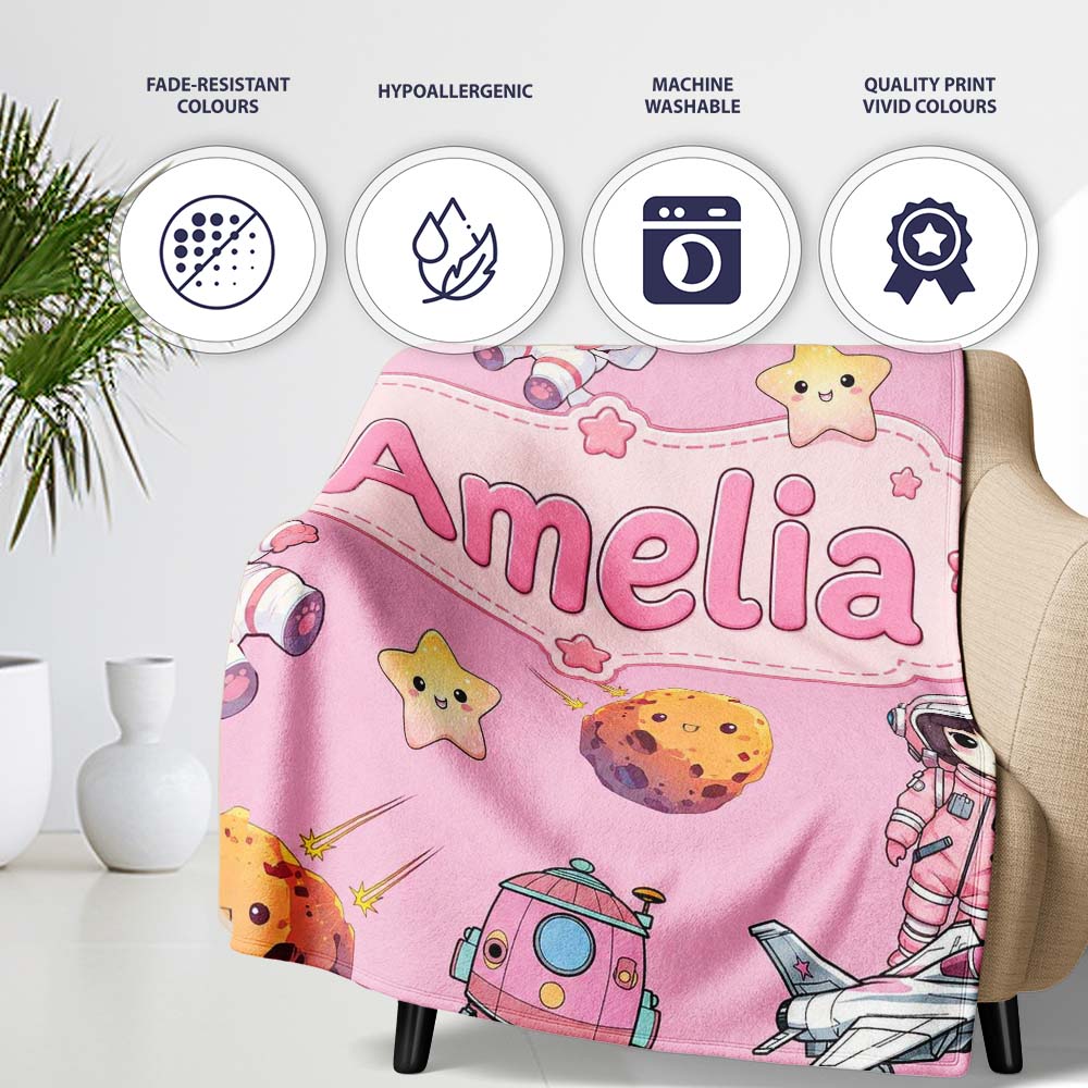 Space Cat Astronaut Girl Rockets Stars Seamless Pink Background Personalised Custom Name Super Soft Fleece Blanket Bed Sofa Throw