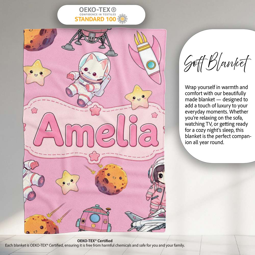 Space Cat Astronaut Girl Rockets Stars Seamless Pink Background Personalised Custom Name Super Soft Fleece Blanket Bed Sofa Throw