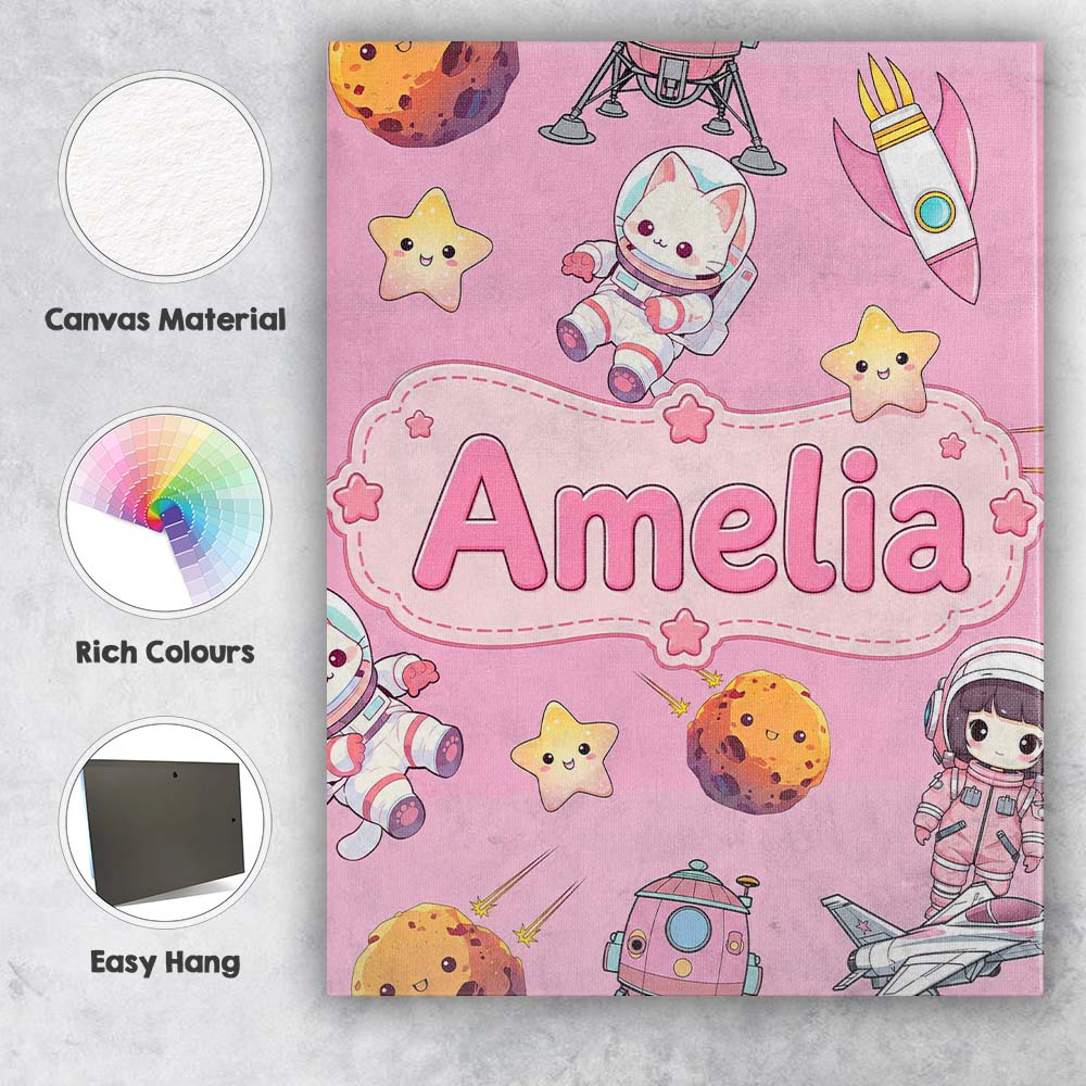 Personalised Name Space Cat Astronaut Girl Custom Unique Gift Idea Elegant Feature Canvas Wall Art Print Decor Picture Ready to Hang
