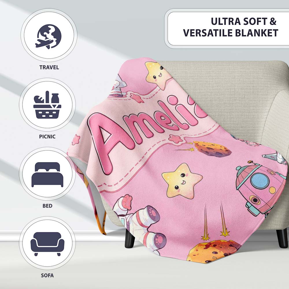 Space Cat Astronaut Girl Rockets Stars Seamless Pink Background Personalised Custom Name Super Soft Fleece Blanket Bed Sofa Throw