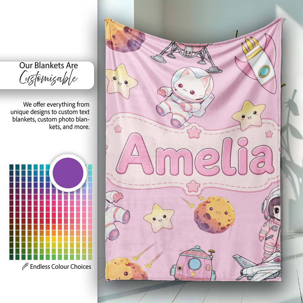 Space Cat Astronaut Girl Rockets Stars Seamless Pink Background Personalised Custom Name Super Soft Fleece Blanket Bed Sofa Throw