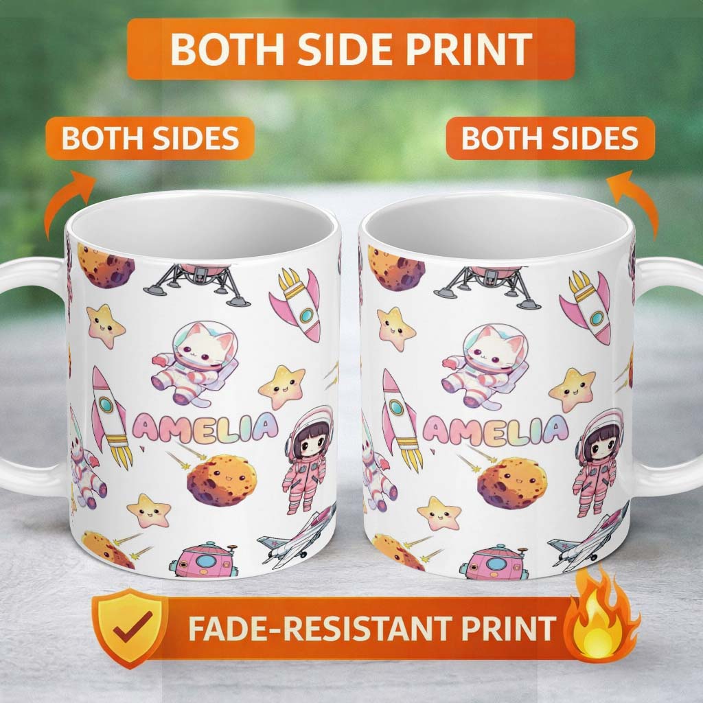 Personalized Custom Name Space Cat Astronaut Girl Rockets Stars Seamless Grey Background 11oz Ceramic Coffee Tea Mug White Large Handle