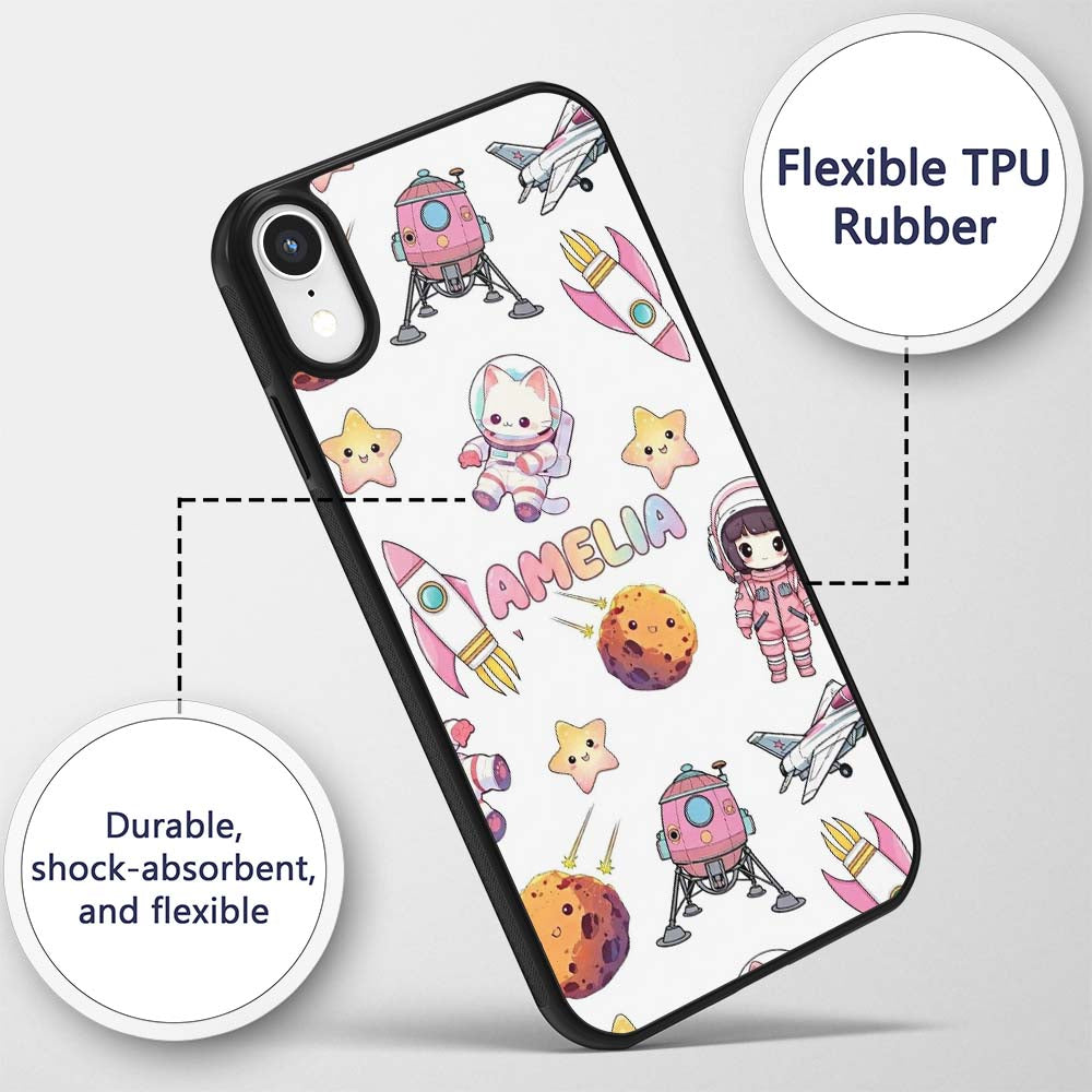 Space Cat Astronaut Girl Rockets Stars Seamless Custom Name Protective Phone Case Mobile Cover Durable Everyday Smartphone Shock Resistant