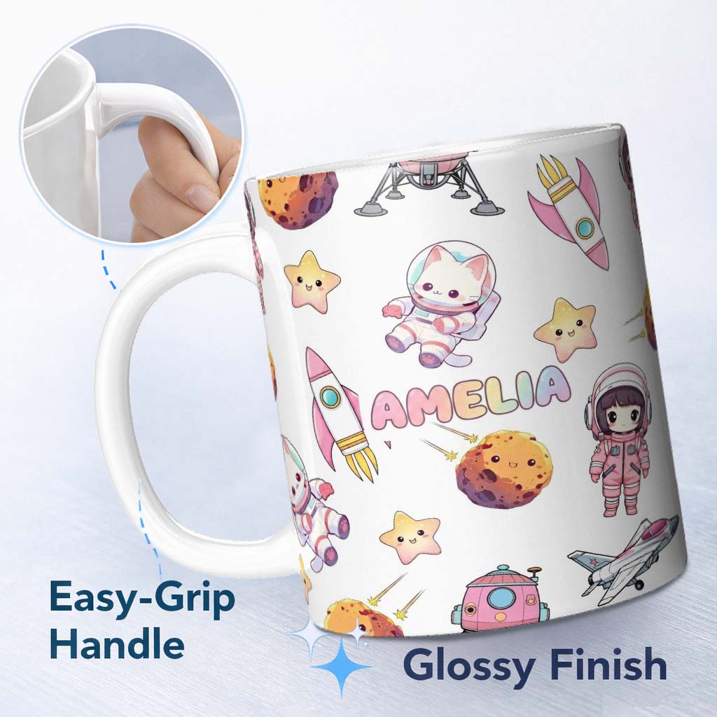 Personalized Custom Name Space Cat Astronaut Girl Rockets Stars Seamless Grey Background 11oz Ceramic Coffee Tea Mug White Large Handle