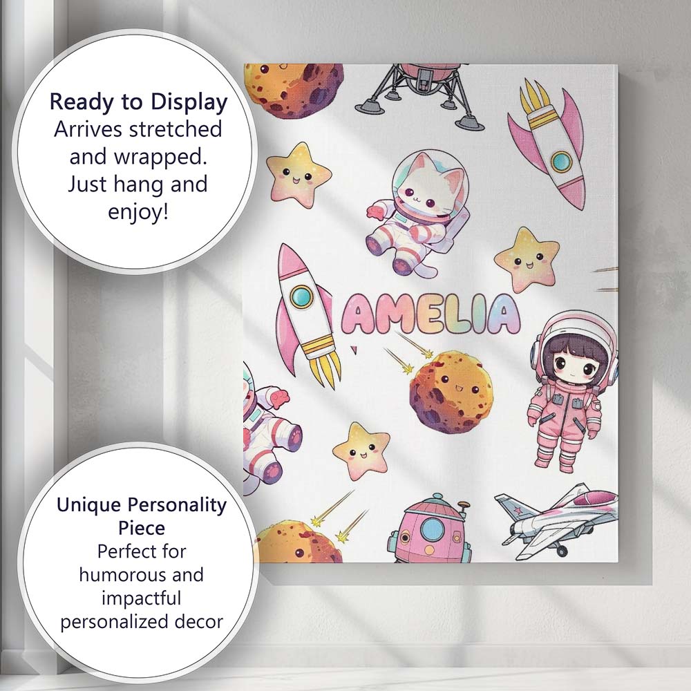 Personalised Name Space Cat Astronaut Girl Custom Unique Gift Idea Elegant Feature Canvas Wall Art Print Decor Picture Ready to Hang