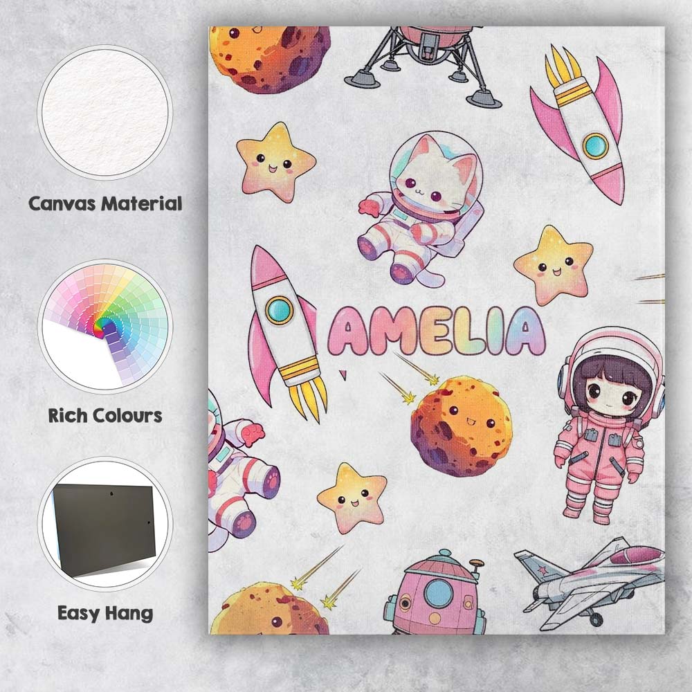 Personalised Name Space Cat Astronaut Girl Custom Unique Gift Idea Elegant Feature Canvas Wall Art Print Decor Picture Ready to Hang