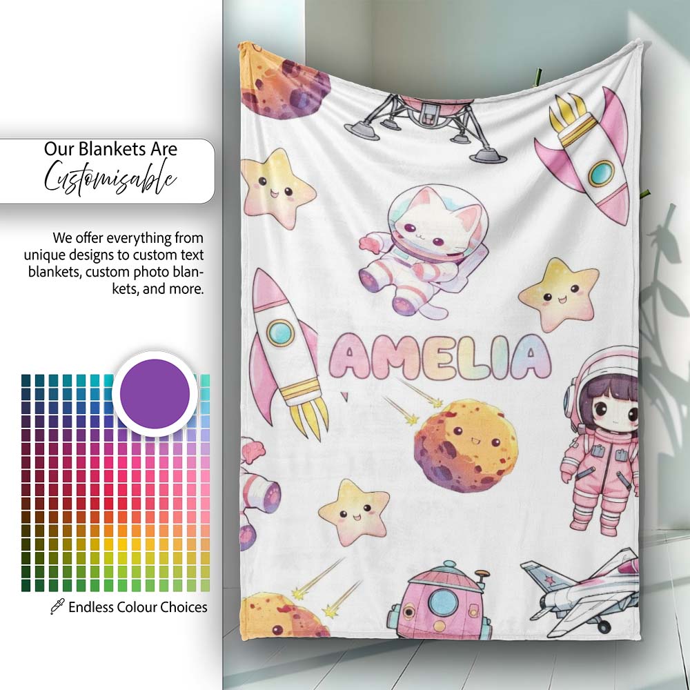 Space Cat Astronaut Girl Rockets Stars Seamless Grey Background Personalised Custom Name Super Soft Fleece Blanket Bed Sofa Throw