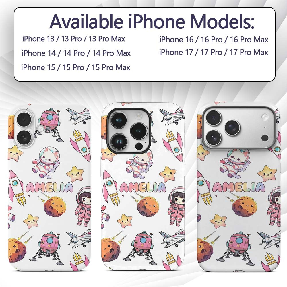 Space Cat Astronaut Girl Rockets Stars Seamless Custom Name Protective Phone Case Mobile Cover Durable Everyday Smartphone Shock Resistant