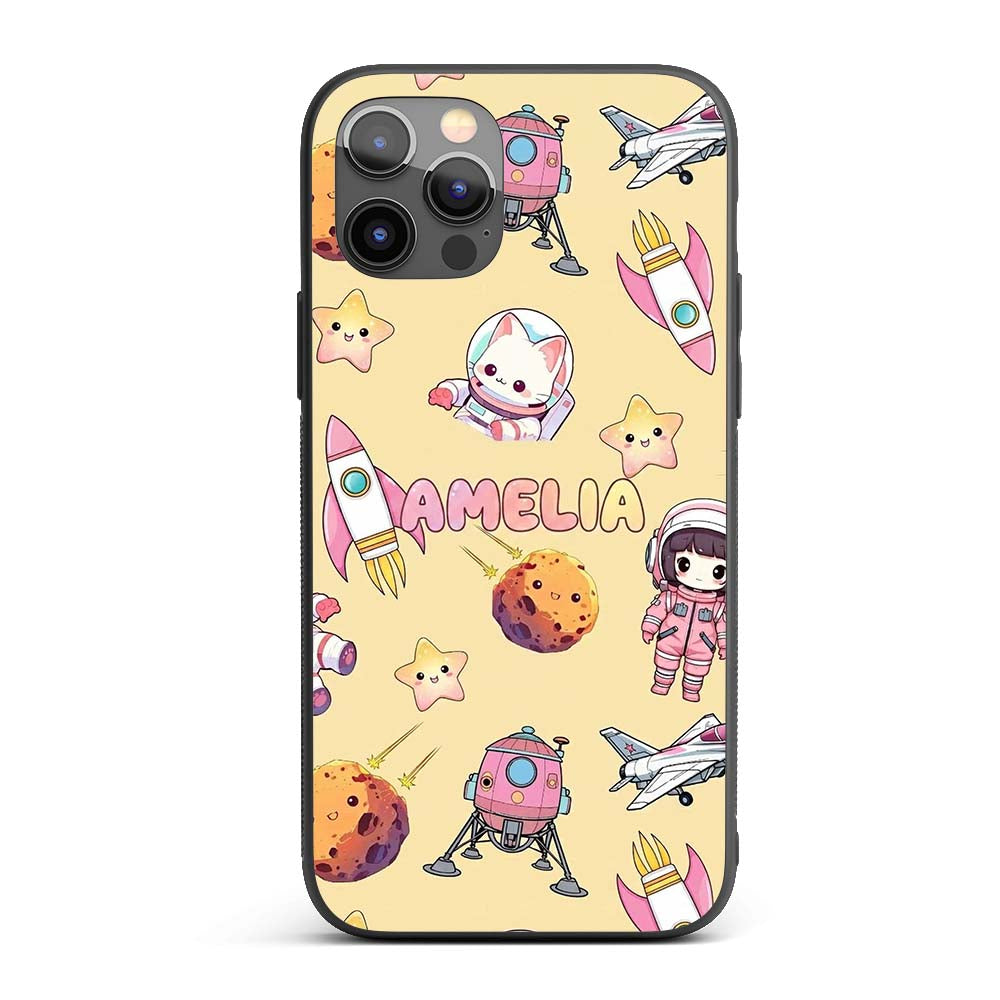 Space Cat Astronaut Girl Rockets Stars Seamless Custom Name Protective Phone Case Mobile Cover Durable Everyday Smartphone Shock Resistant