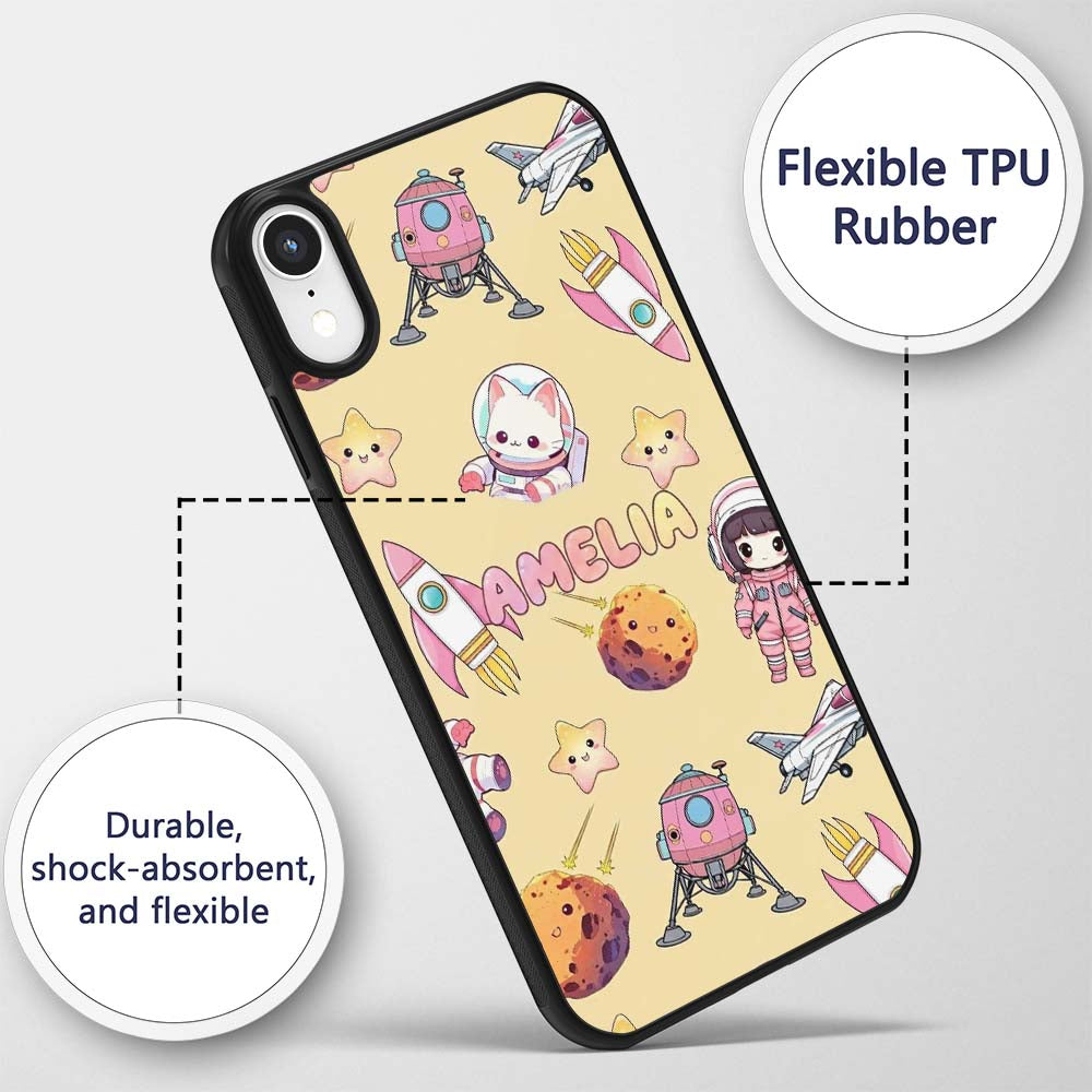 Space Cat Astronaut Girl Rockets Stars Seamless Custom Name Protective Phone Case Mobile Cover Durable Everyday Smartphone Shock Resistant
