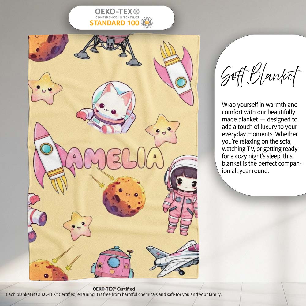 Space Cat Astronaut Girl Rockets Stars Seamless Yellow Background Personalised Custom Name Super Soft Fleece Blanket Bed Sofa Throw